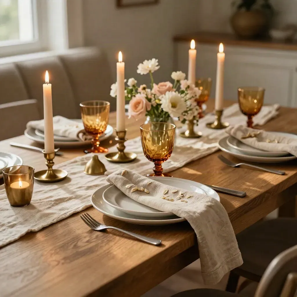Elegant candlelit dinner table with linen, ceramic chargers, stemware, and blush florals.