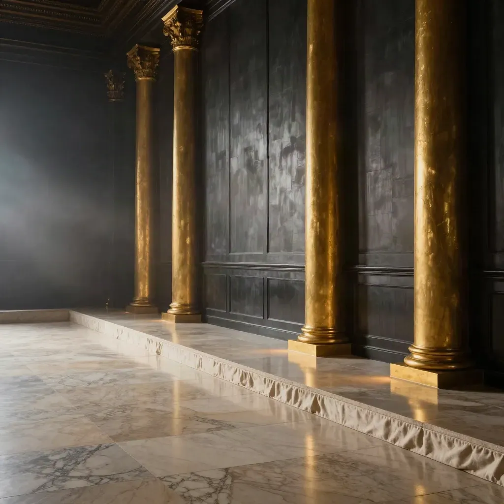 Gold uplights wash a dark ballroom wall with haze, draped linen, and a reflective floor strip.