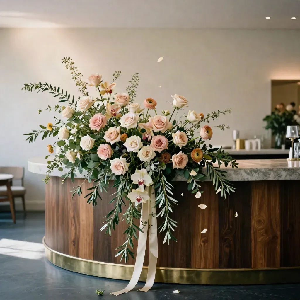 Abundant blush and cream floral arch spilling over a bar front, seen close from below with petals in motion.