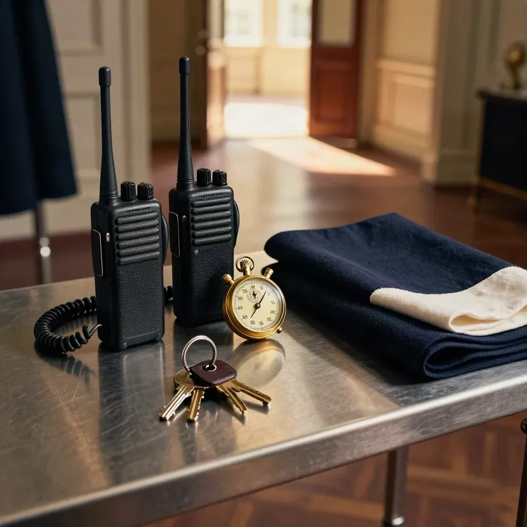 Walkie-talkies, stopwatch and venue keys on a service shelf in a dim event venue