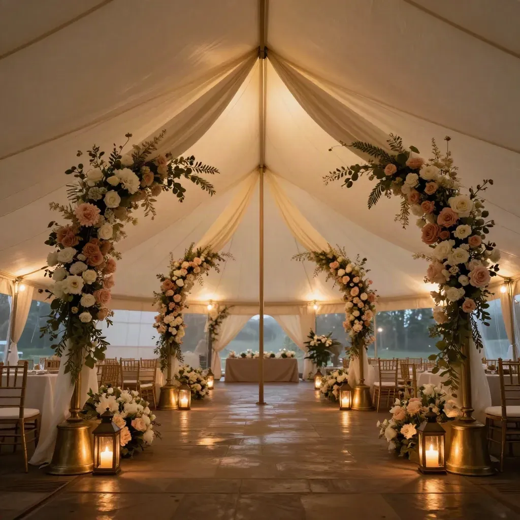 Canvas tent after dark with glowing lantern aisle and draped florals, empty and ready
