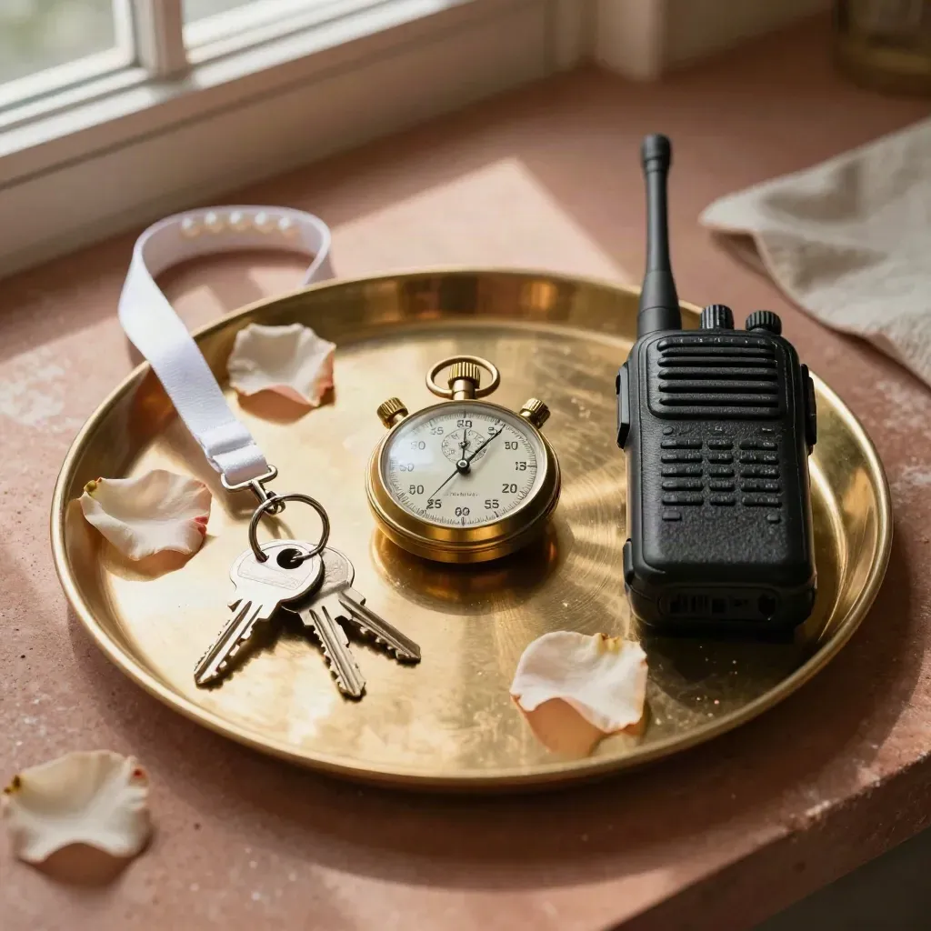 Brass stopwatch, walkie-talkie, keys and lanyard on a polished tray with warm daylight.