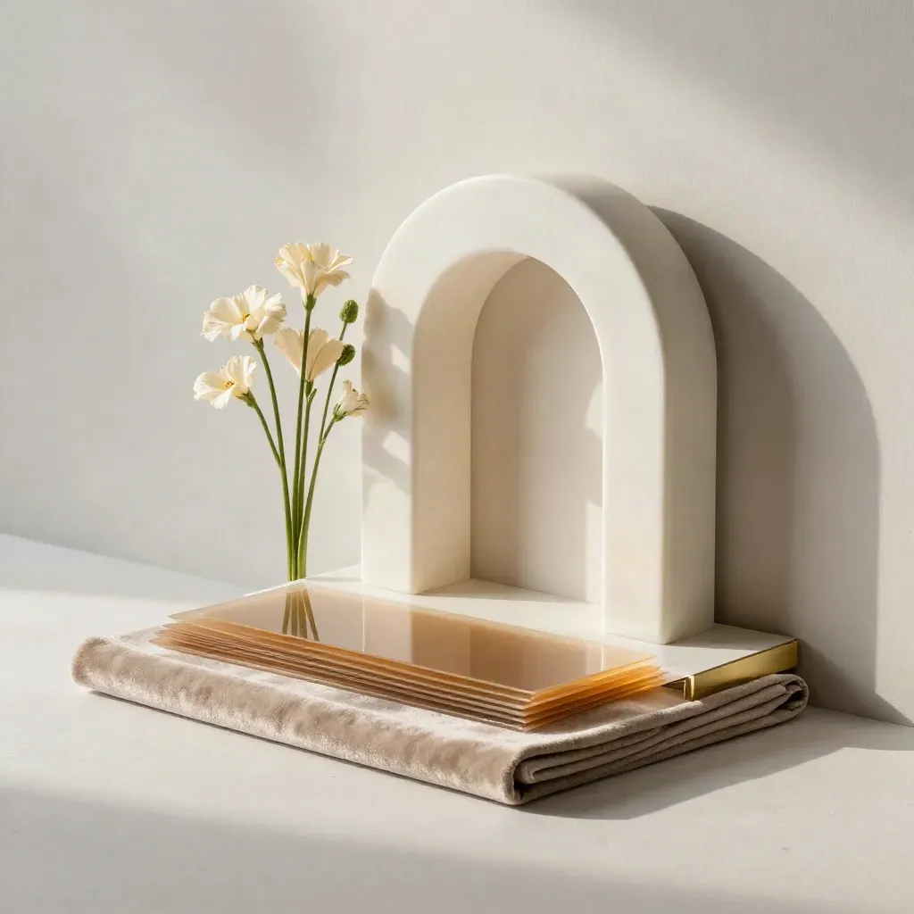 Mini stage arch, florals, gel sheets and velvet trim on a plaster sweep, softly lit.