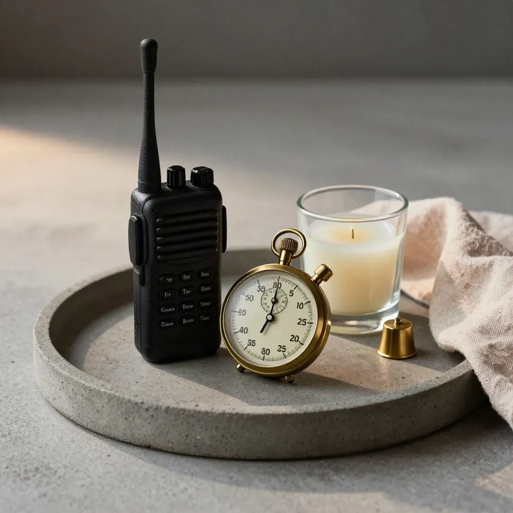 Walkie-talkie, stopwatch, votive and brass room marker on a concrete tray with blush linen.